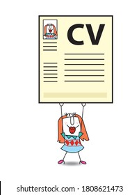 Diana is looking for a job. She is holding a giant curriculum vitae