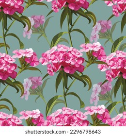 Dianthus carthusianorum - Pink flowers, seamless pattern vector illstration on green background.