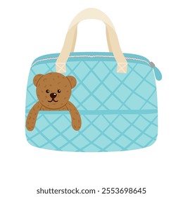 Diaper bag with bear toy vector illustration, blue. Baby care bag, diaper changing bag