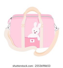 Diaper bag with bunny toy vector illustration, pink. Baby care bag, diaper changing bag