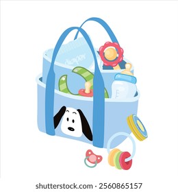 Diaper bag vector. Mom accessories set, nursery, daily mother bag to go outside. Mommy nappy bag. Baby element. baby shower clipart. Flat vector  in cartoon style isolated on white background.