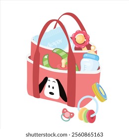 Diaper bag vector. Mom accessories set, nursery, daily mother bag to go outside. Mommy nappy bag. Baby element. baby shower clipart. Flat vector  in cartoon style isolated on white background.