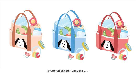 Diaper bag vector. Mom accessories set, nursery, daily mother bag to go outside. Mommy nappy bag. Baby element. baby shower clipart. Flat vector  in cartoon style isolated on white background.