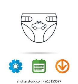 Diaper with car icon. Child underwear sign. Newborn protection symbol. Calendar, cogwheel and download arrow signs. Colored flat web icons. Vector