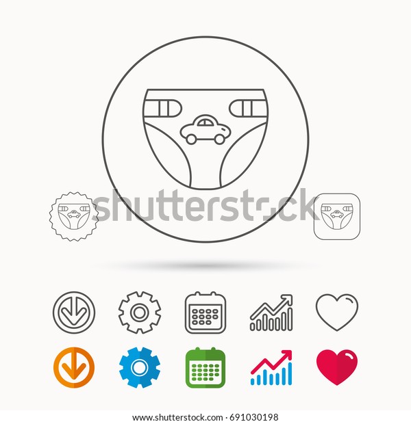 Diaper with car icon. Child\
underwear sign. Newborn protection symbol. Calendar, Graph chart\
and Cogwheel signs. Download and Heart love linear web icons.\
Vector