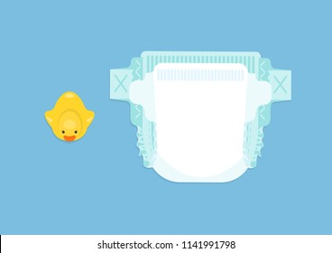 Diaper and duck on blue background. Vector illustration.