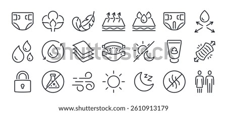 Diaper features editable stroke outline icons set isolated on white background flat vector illustration. Pixel perfect. 64 x 64.