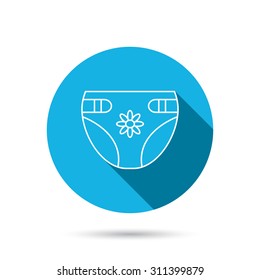 Diaper with flower icon. Child underwear sign. Newborn protection symbol. Blue flat circle button with shadow. Vector