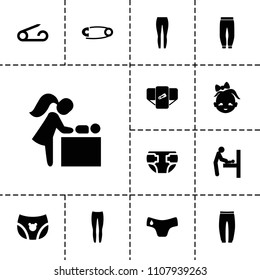 Diaper icon. collection of 13 diaper filled icons such as baby changing room, pin, children panties, underpants. editable diaper icons for web and mobile.
