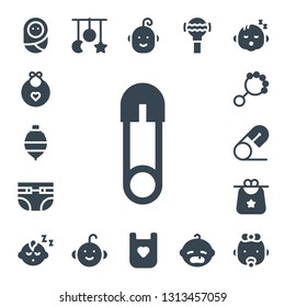 diaper icon set. 17 filled diaper icons.  Collection Of - Baby, Baby bib, Spinning top, Safety pin, Diapers, Rattle, Bib, Baby boy, Crib toy