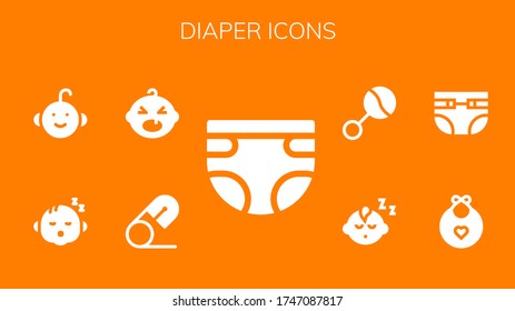 diaper icon set. 9 filled diaper icons. Included Diaper, Safety pin, Baby, Baby boy, Baby bib, Diapers, Rattle icons