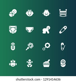 diaper icon set. Collection of 16 filled diaper icons included Newborn, Baby food, Baby, Safety pin, Rattle, Diaper, Crib