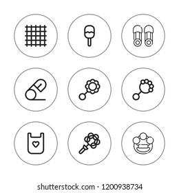 Diaper icon set. collection of 9 outline diaper icons with bib, ground pad, rattle icons. editable icons.