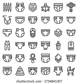 Fijación de iconos de pañales. Conjunto de esquemas de iconos vectoriales de pañales para el diseño web aislado en fondo blanco