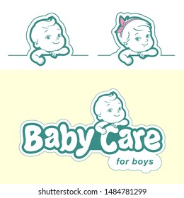 Diaper logo template. Baby in diaper emblem. Cute little boy or girl, newborn and toddler, hold text frame.  Baby care symbol. Logotype for children shop. Product design. Color vector illustration.