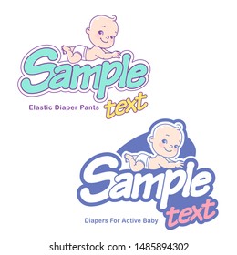 Diaper logo template. Baby in diaper pants emblem. Cute little boy or girl, lying. Active toddler hygiene. Baby care symbol. Logotype for children shop. Product design. Color vector illustration.