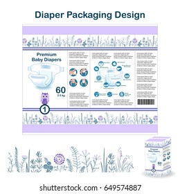 Diaper packaging design elements in doodle forest style. Nappy pakaging design for size 1, with floral border and owl.