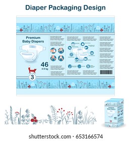 Verschiedene Verpackungsdesign-Elemente im Doppel-Wald-Stil. Nappy Verpackungsdesign für die Größe 3, mit Blumenrahmen, Windeln und Fuchs. Vektorgrafik