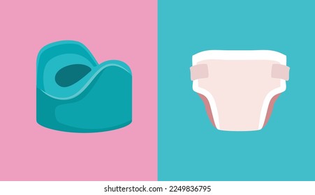 
Diaper and Potty-Training Vector Baby Cartoon Icons. Baby icons for physiological needs and hygiene concept
