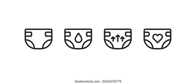 Diaper symbols: moisture control, absorbency, breathability, comfort indicators.