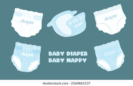 Diaper vector set. Different kinds of baby diaper clipart set. Infant underwear set. Baby shower, baby element flat vector in cartoon style isolated on white background.