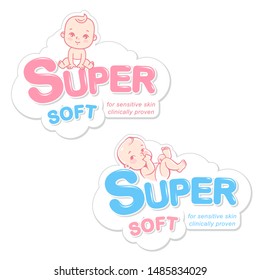 Diaper, wet wipes, soap logo template. Baby in diaper emblem. Cute little boy or girl lying, sitting.  Baby soft care symbol. Logotype for children shop. Product design. Color vector illustration.