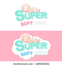 Diaper, wet wipes, soap logo template. Baby in diaper emblem. Cute little boy or girl lying on stomach.  Baby soft care symbol. Logotype for children shop. Product design. Color vector illustration.