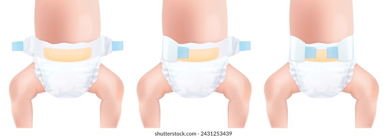 Diapers changing steps. Baby diaper change rules concept, child soft material panties for dry body skincare, newborn incontinence babies diapering guide vector illustration of diaper change process