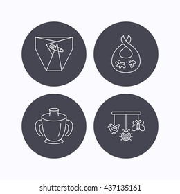 Diapers, child mug and baby toys icons. Dirty bib linear sign. Flat icons in circle buttons on white background. Vector