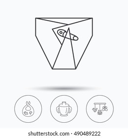 Diapers, child mug and baby toys icons.
