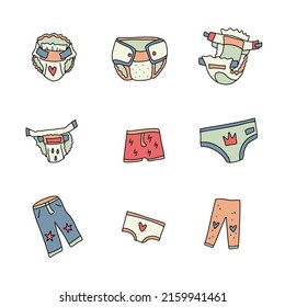 Diapers and kids pants elements. Vector doodle set.