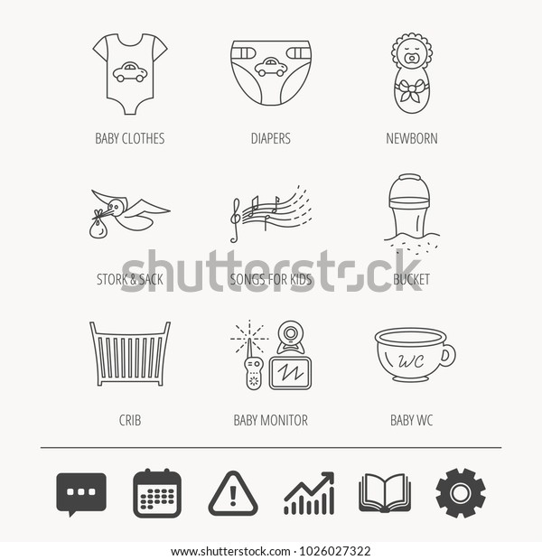 Diapers, newborn baby\
and clothes icons. Kids songs, beach bucket and bed linear signs.\
Video monitoring, wc flat line icons. Education book, Graph chart\
and Chat signs.\
Vector