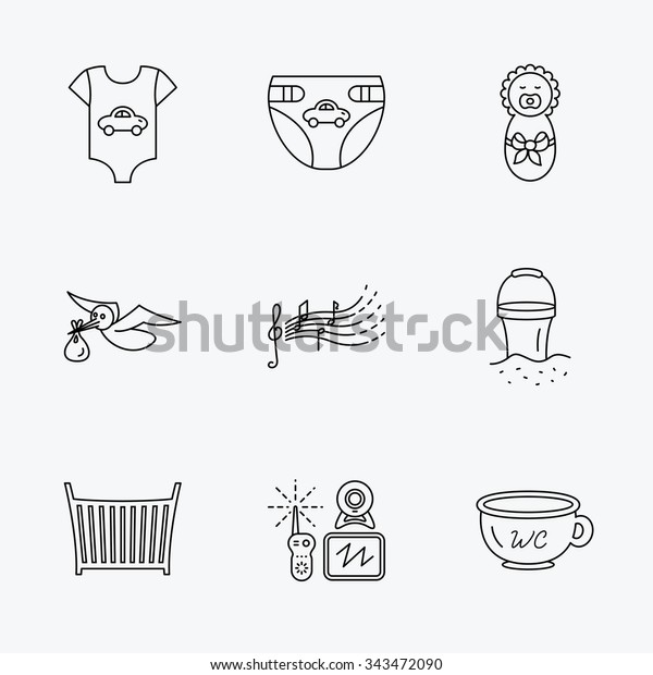 Diapers, newborn baby and\
clothes icons. Kids songs, beach bucket and bed linear signs. Video\
monitoring, wc flat line icons. Linear black icons on white\
background.
