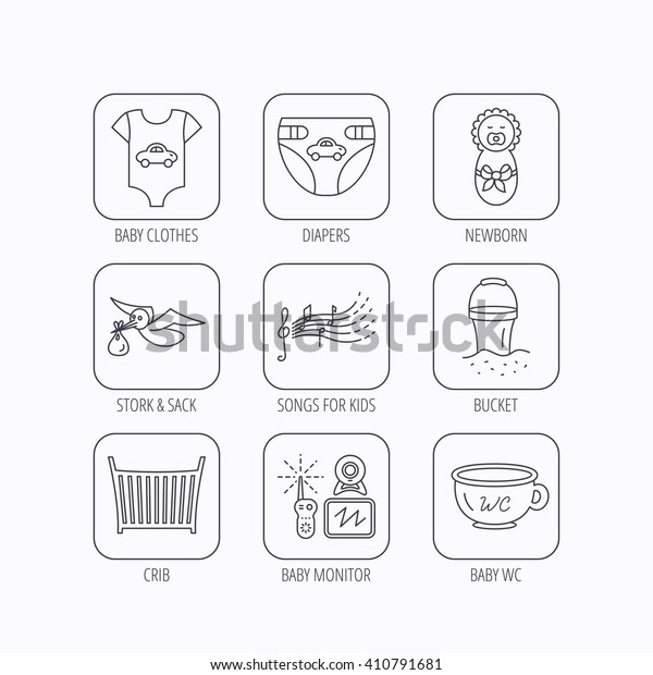 Diapers,\
newborn baby and clothes icons. Kids songs, beach bucket and bed\
linear signs. Video monitoring, wc flat line icons. Flat linear\
icons in squares on white background.\
Vector