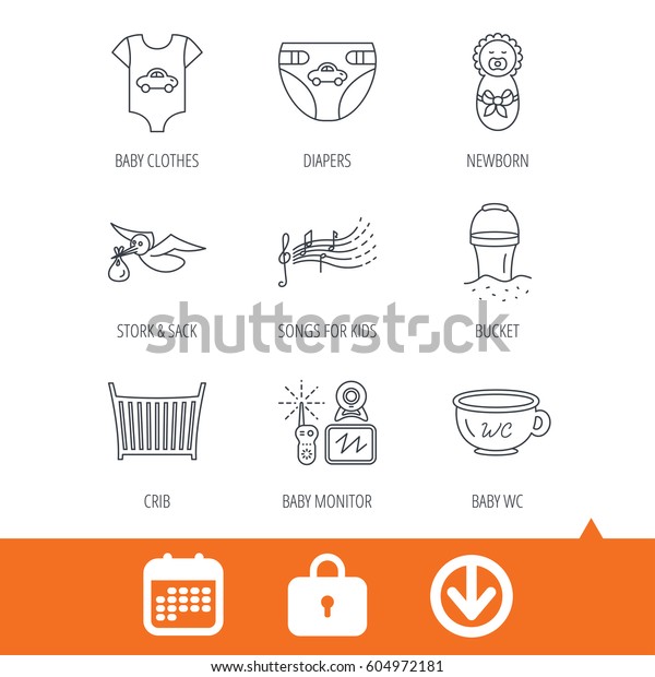 Diapers, newborn\
baby and clothes icons. Kids songs, beach bucket and bed linear\
signs. Video monitoring, wc flat line icons. Download arrow, locker\
and calendar web icons.\
Vector