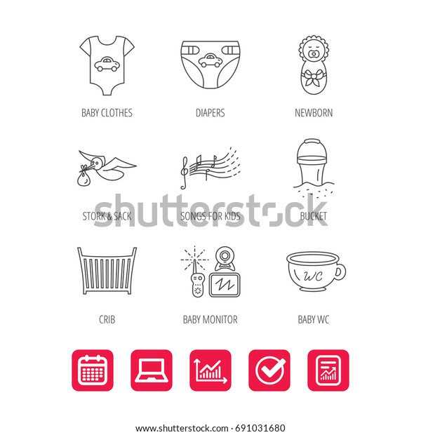 Diapers,
newborn baby and clothes icons. Kids songs, beach bucket and bed
linear signs. Video monitoring, wc flat line icons. Report
document, Graph chart and Calendar signs.
Vector