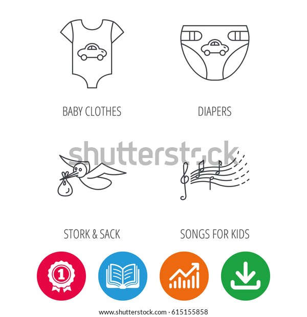 Diapers, newborn clothes and songs for kids
icons. Stork with sack linear sign. Award medal, growth chart and
opened book web icons. Download arrow.
Vector