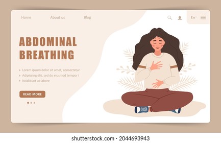 Diaphragmatic breathing. Landing page template. Girl practicing abdominal breathing for good relaxation. Meditation for body, mind and emotions. Spiritual practice. Flat cartoon vector illustration.