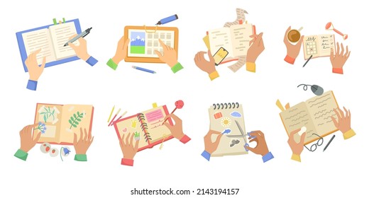 Diaries and hands vector illustrations set. Arms of office or business people writing in notebooks with pens and pencils, making notes and to do lists isolated on white background. Planning concept