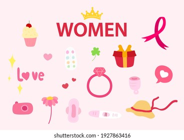 Diaries of woman  on pink background. Woman's Day, cake, ring, love, pill, camera, cancer, crown, flower, leaf clover,  pregnancy test, sanitary napkin and gift. Vector illustration.