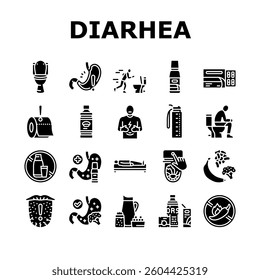 diarrhea causes icons set vector. symptoms treatment, prevention, dehydration, stomach, virus, bacteria, food, water diarrhea causes glyph pictogram Illustrations