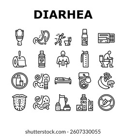 diarrhea causes icons set vector. symptoms treatment, prevention, dehydration, stomach, virus, bacteria, food, water diarrhea causes black contour illustrations