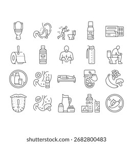 diarrhea causes icons set vector. symptoms treatment, prevention, dehydration, stomach, virus, bacteria, food, water diarrhea causes black contour illustrations