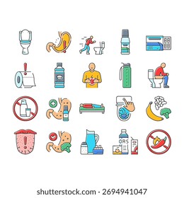 diarrhea causes icons set vector. symptoms treatment, prevention, dehydration, stomach, virus, bacteria, food, water diarrhea causes color line illustrations