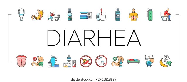diarrhea causes icons set vector. symptoms treatment, prevention, dehydration, stomach, virus, bacteria, food, water diarrhea causes color line illustrations