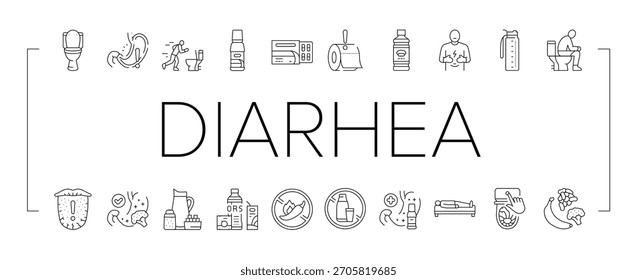 diarrhea causes icons set vector. symptoms treatment, prevention, dehydration, stomach, virus, bacteria, food, water diarrhea causes black contour illustrations