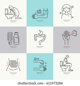 Diarrhea. Causes, Symptoms And Treatment. Vector Set Of Line Icons.