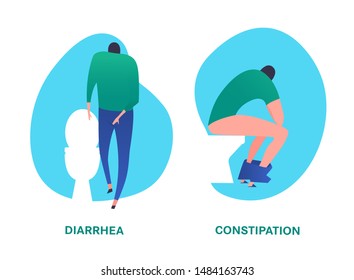 Diarrhea and constipation image. Boy sitting in a rest-room. Editable vector illustration in bright blue, pink, green colors isolated on a white background. Medical, digestion, food poisoning concept