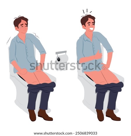 Diarrhea or constipation in man sitting on toilet and in pain, or showing thumbs up. Guy with constipation due to intestinal problems and poor nutrition rejoices after being cured.