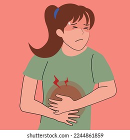 Diarrhea or constipation, problems with health concept. Young sad Woman standing feeling pain in stomach touching it with hands having Abdomen disease and illness vector illustration.